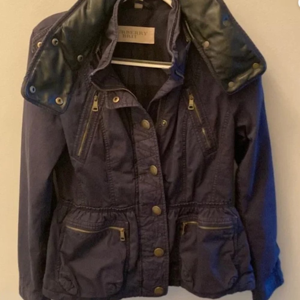 Burberry Navy Peplum waisted hidden hooded parka jacket
